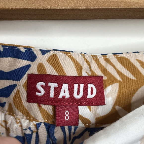 Staud Tiered Sea Midi Skirt Womens 8 Ruffled Blue Tan Nature Tree Print Cotton - Picture 4 of 7